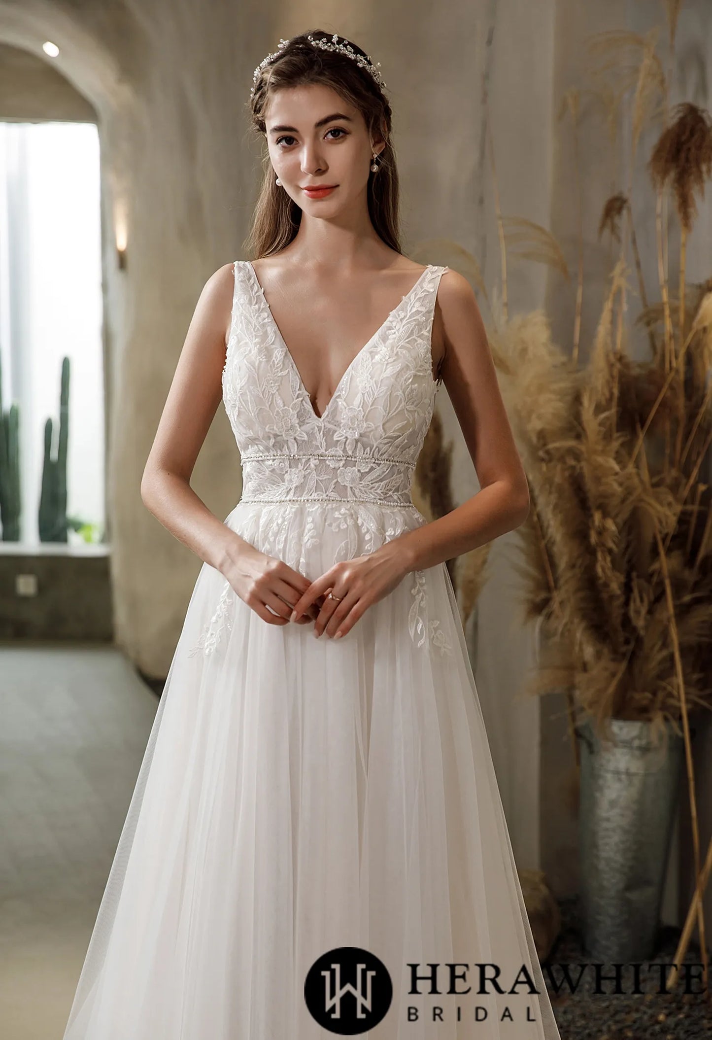 V-neck Tulle Bridal Gown with Double Banded Waist