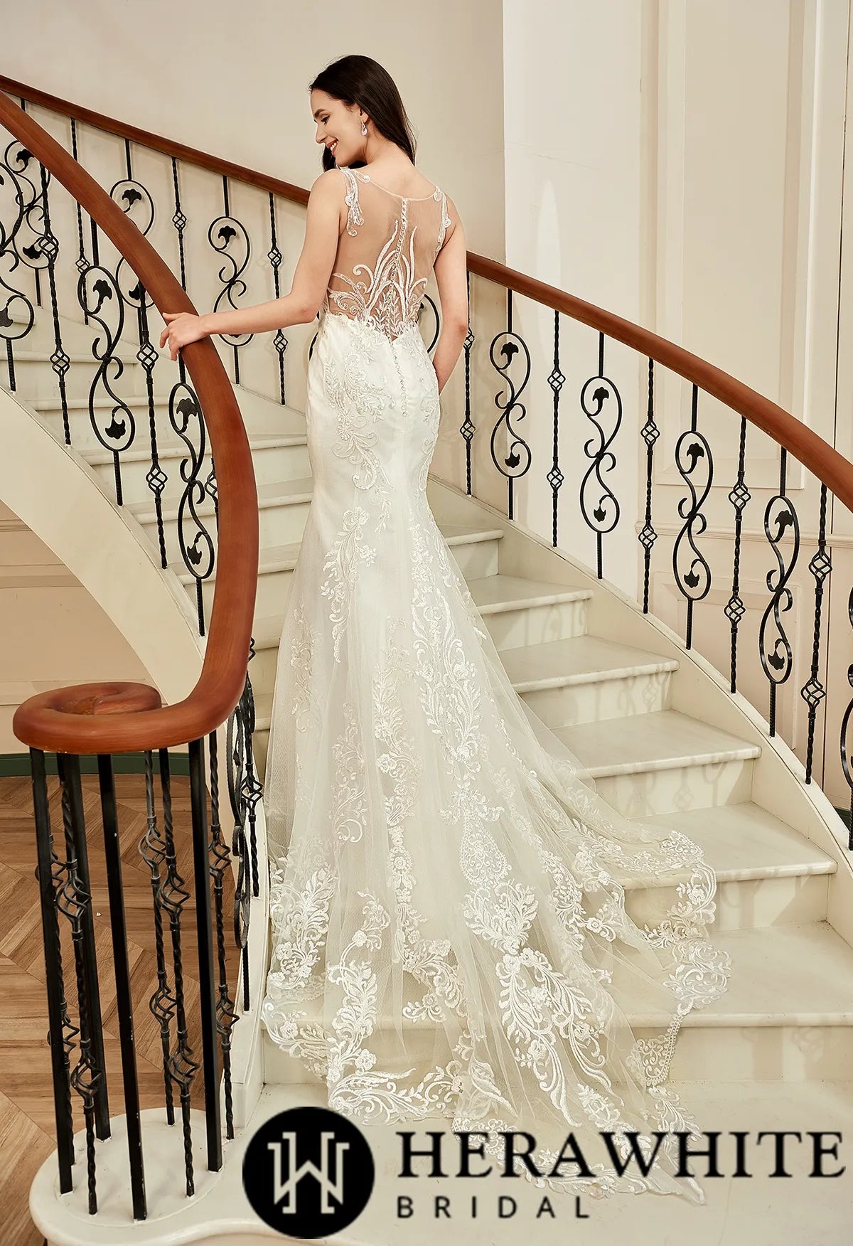 Sequin Beaded Illusion Back Wedding Dress With Long Lace Tulle Trian
