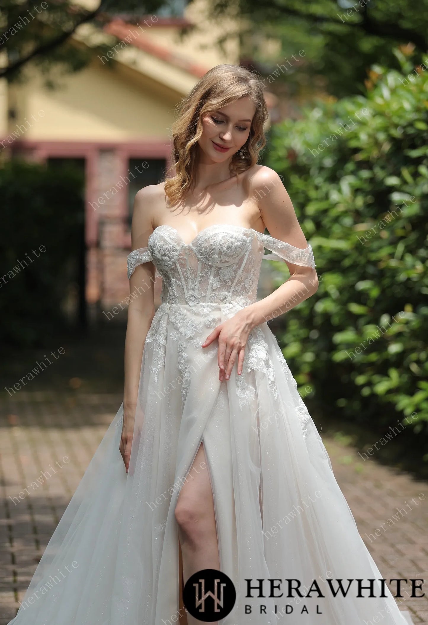 Tulle Off-The-Shoulder Sweetheart Lace Ballgown With Slit