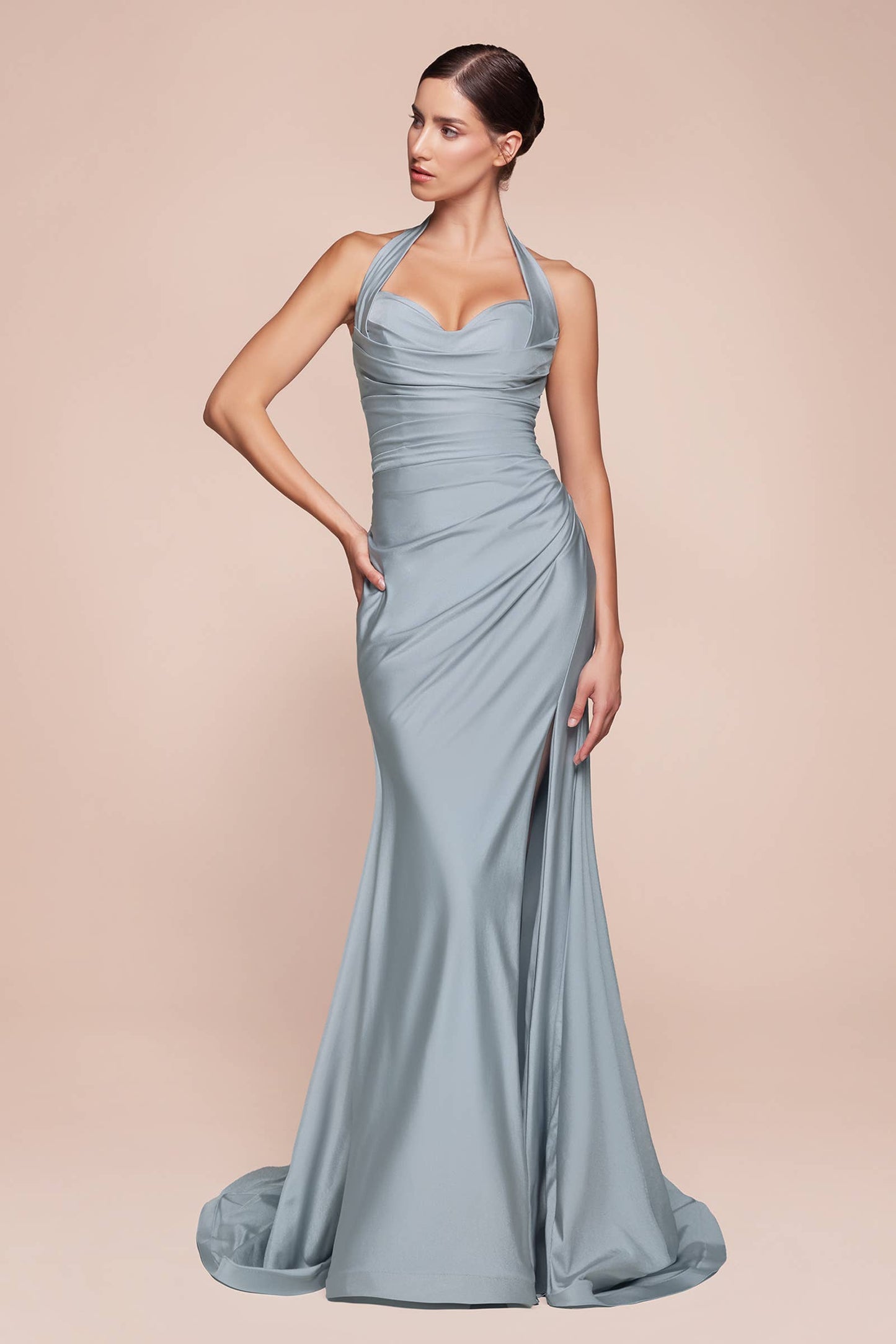 CURVY STETCH SATIN HALTER FITTED DRESS
