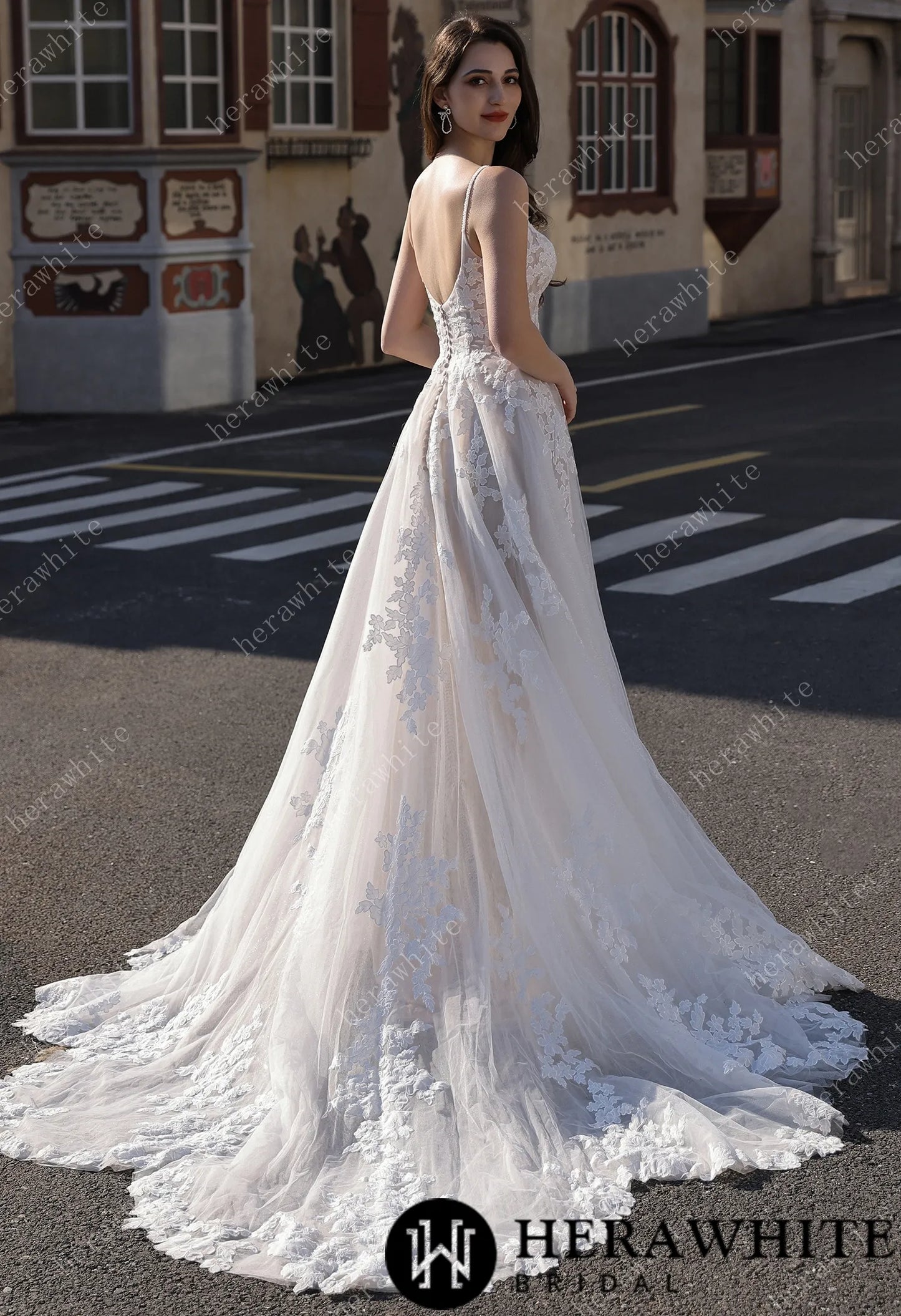 Spaghetti Strap Bridal Gown With Dramatic Lace Train HW3823