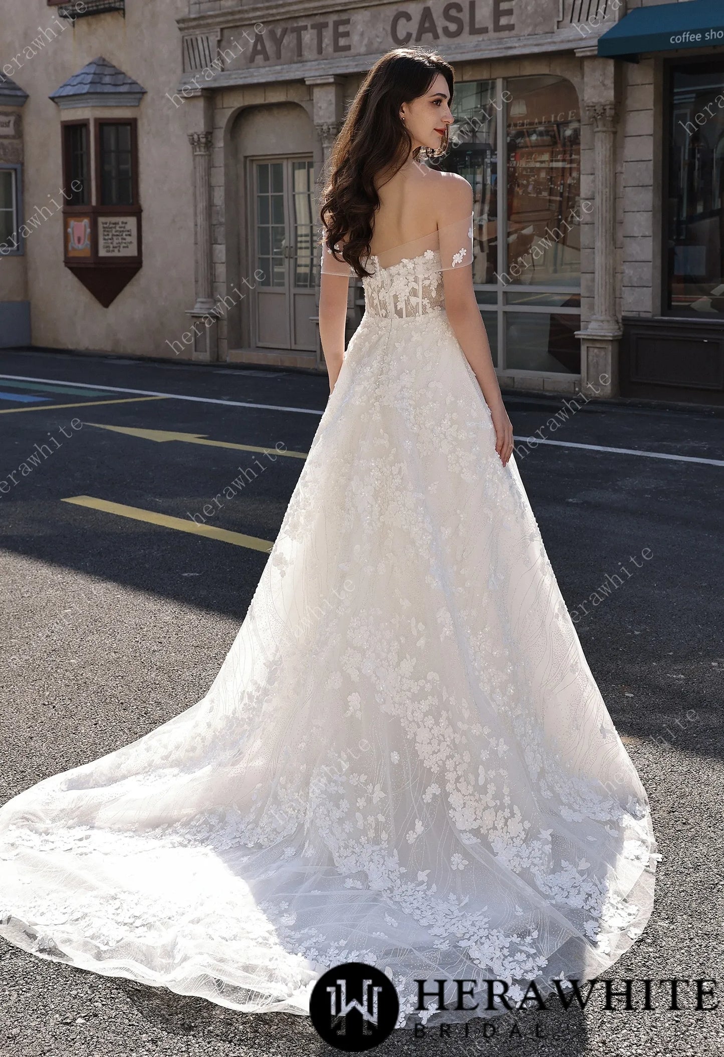 Off-the-Shoulder Sheer Floral Lace With Glitter A-Line Romantic Wedding Dress HW3822