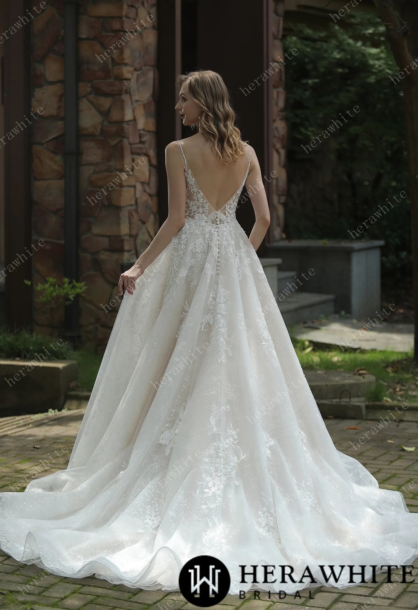 Sparkly A-Line Wedding Dress With Beaded Spaghetti Straps