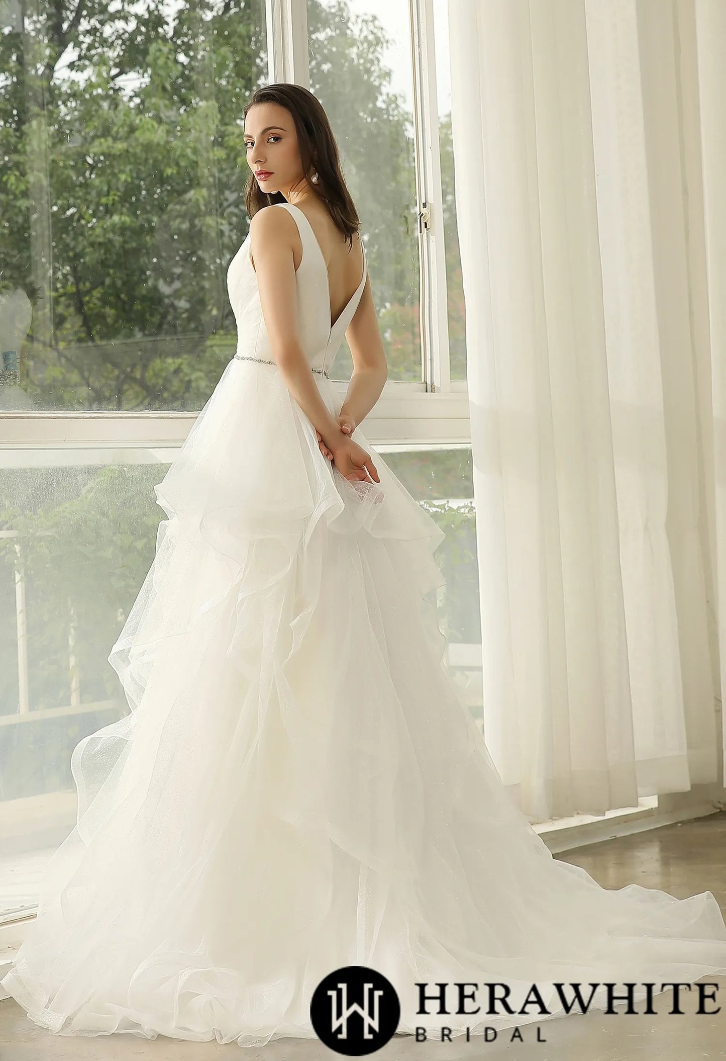Wedding Dress In Ruffed Glitter Tulle With Princess Silhouette