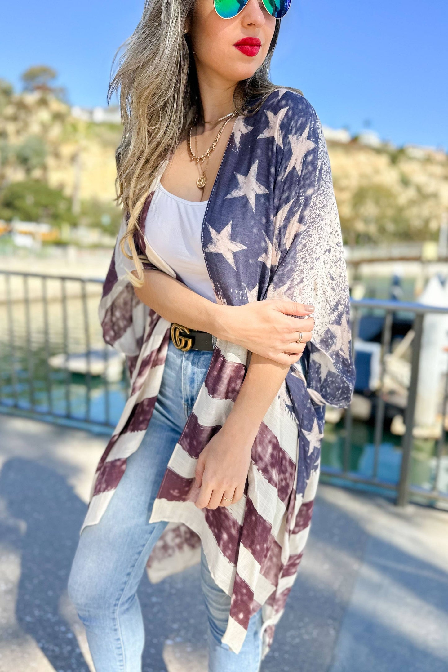 4th of July Vintage American Flag Printed Kimono Cover Up