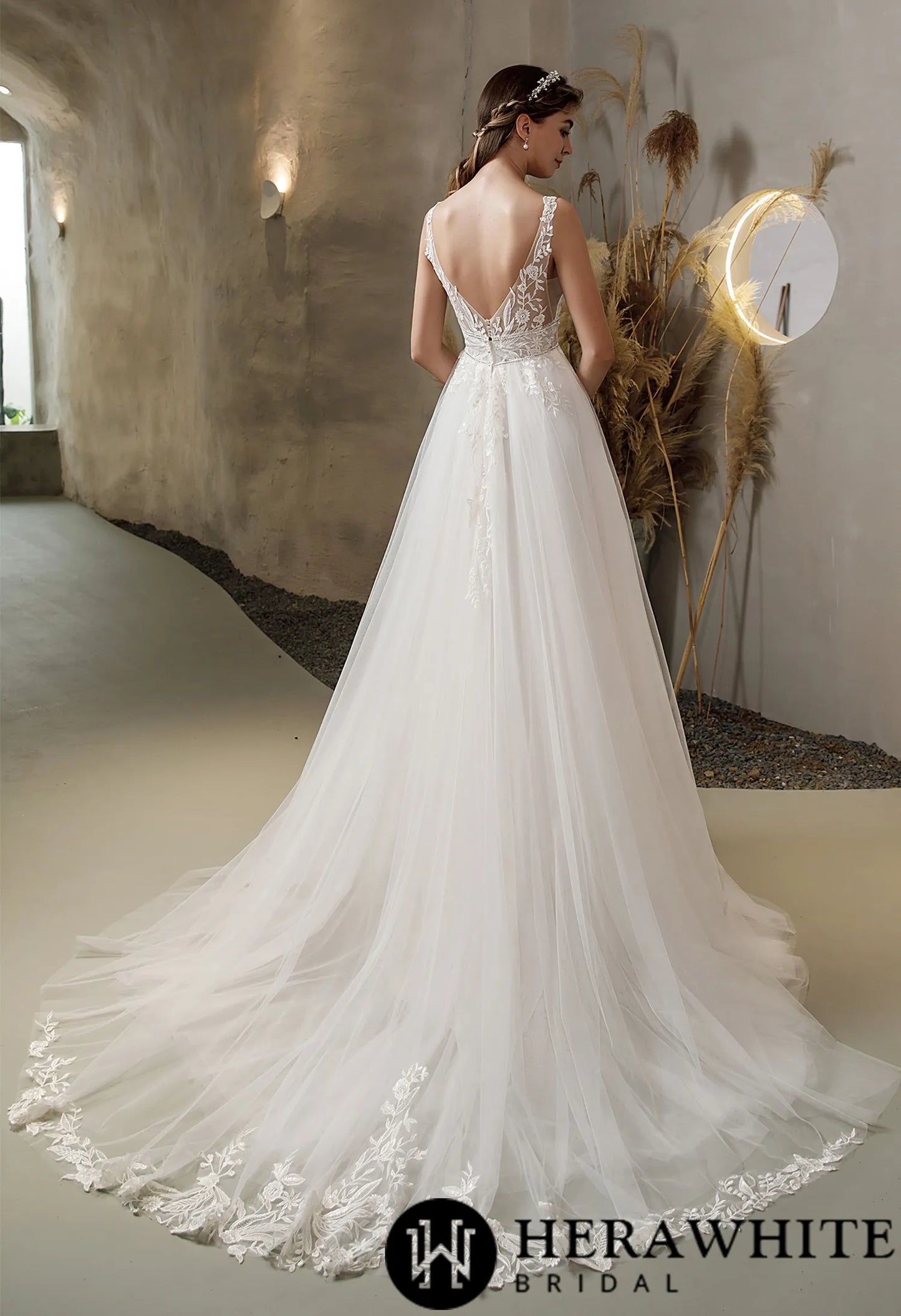 V-neck Tulle Bridal Gown with Double Banded Waist