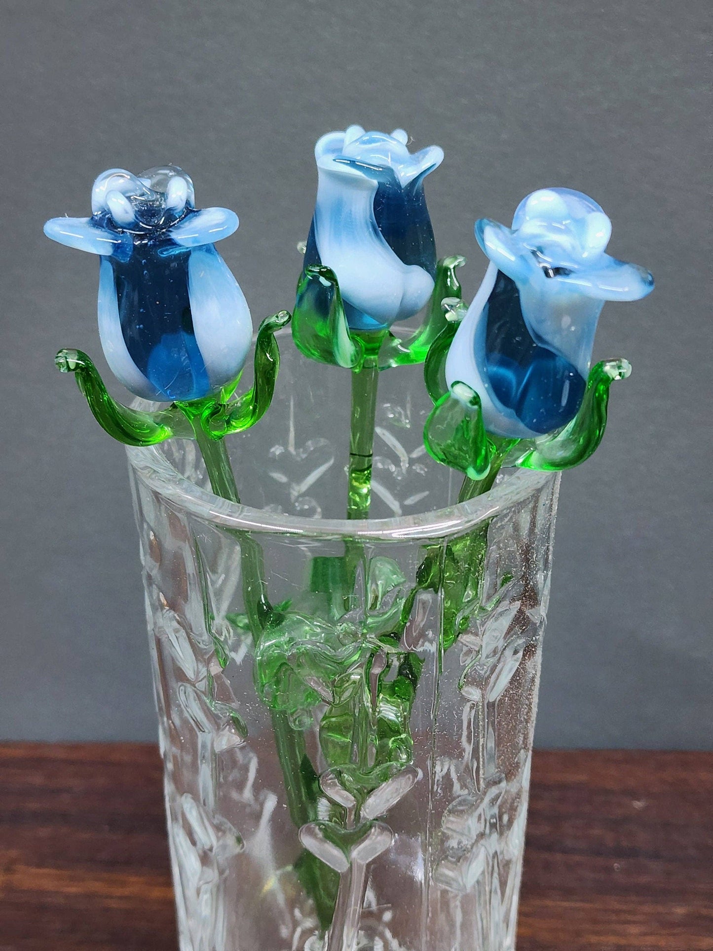 Medium Stem Light Blue Glass Rose - Blue and White Mixed