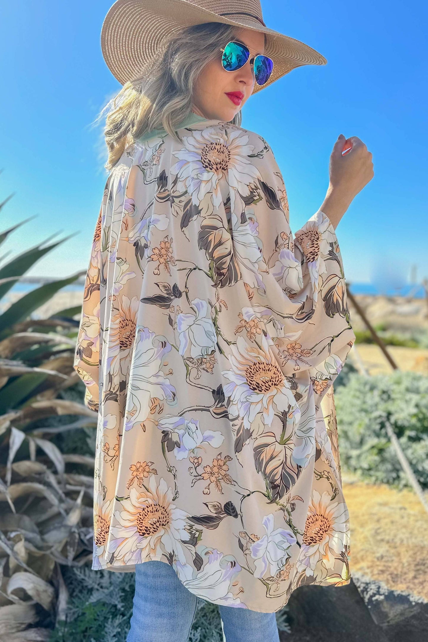Nude Floral Printed Kimono Cardigan Cover UP
