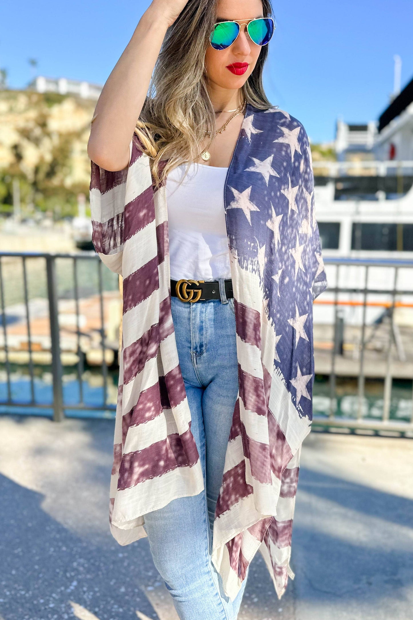 4th of July Vintage American Flag Printed Kimono Cover Up