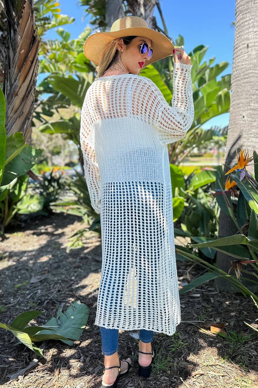 Ivory Crochet Knitted Long Sleeve Maxi Cardigan Cover Up
