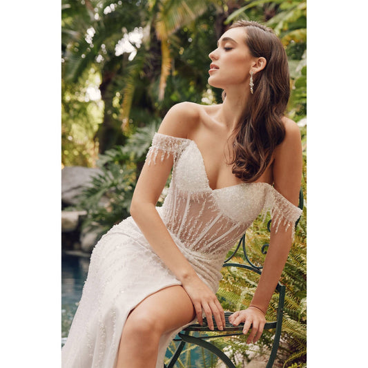 WHITE FITTED OFF SHOULDER SEQUIN AND CORSET BONING BRIDAL GO