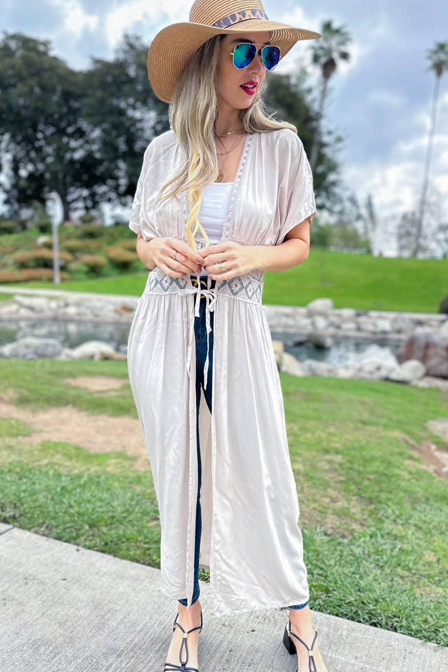 Ivory Lace Detail Maxi Dress Open Front Tie Kimono Cover Up