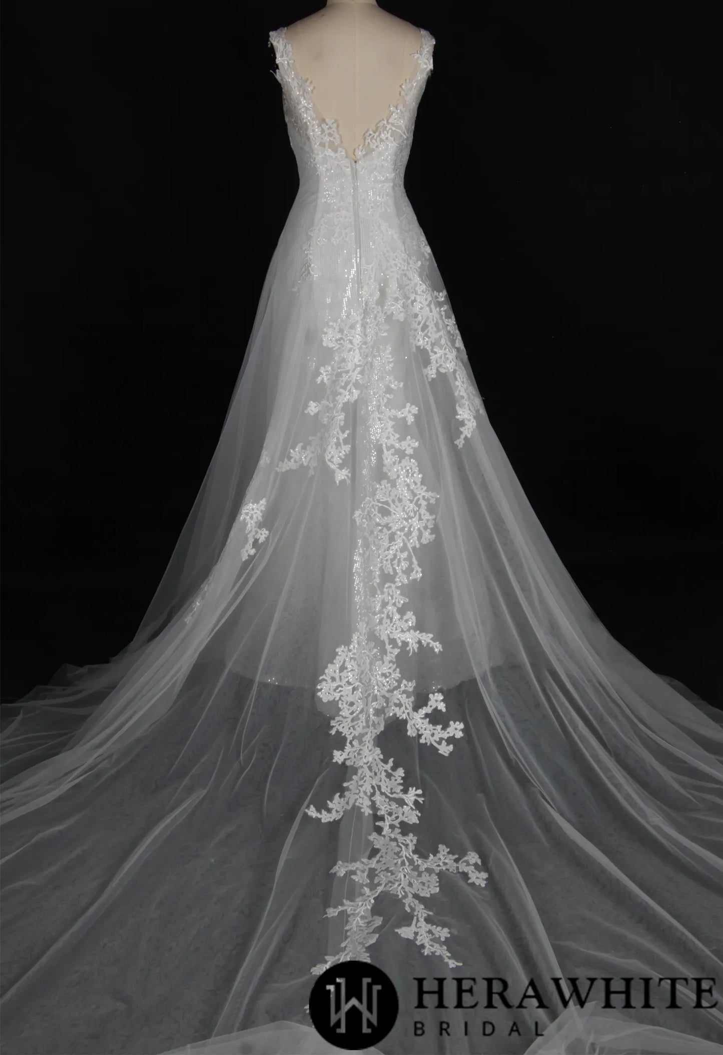 Shining V-Neck Wedding Dress With Long Tulle Train