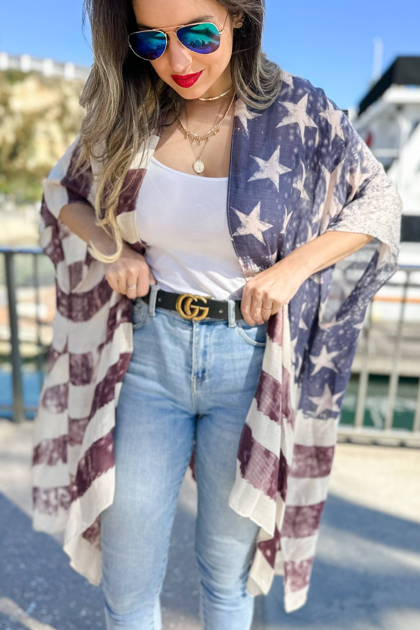 4th of July Vintage American Flag Printed Kimono Cover Up