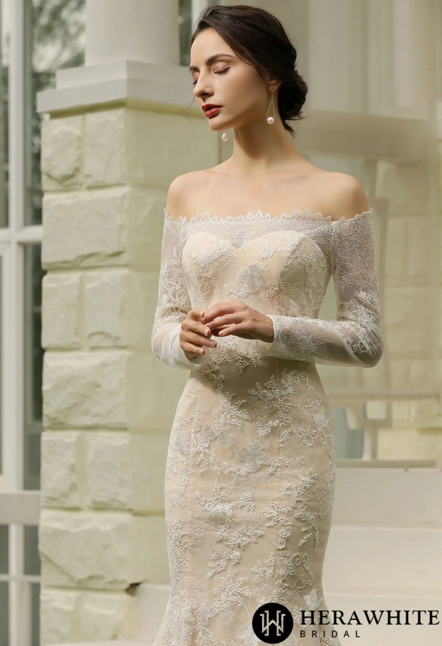Off-the-Shoulder  Sheath Wedding Dress with Luxury Illusion lace