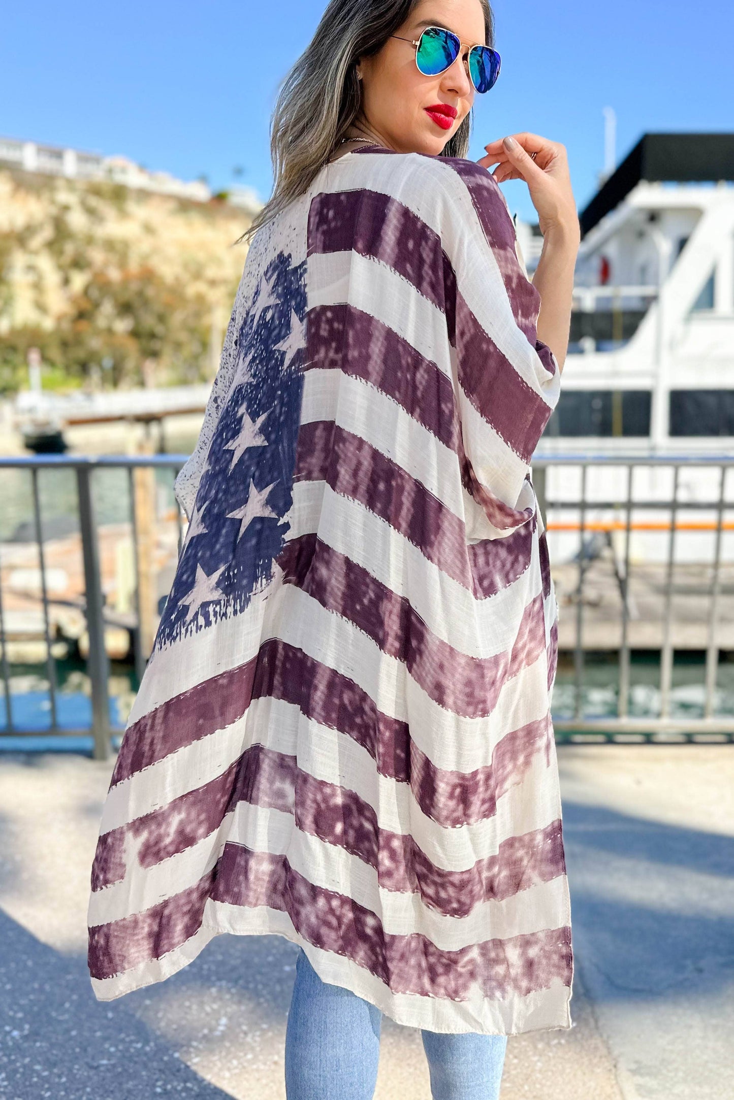 4th of July Vintage American Flag Printed Kimono Cover Up