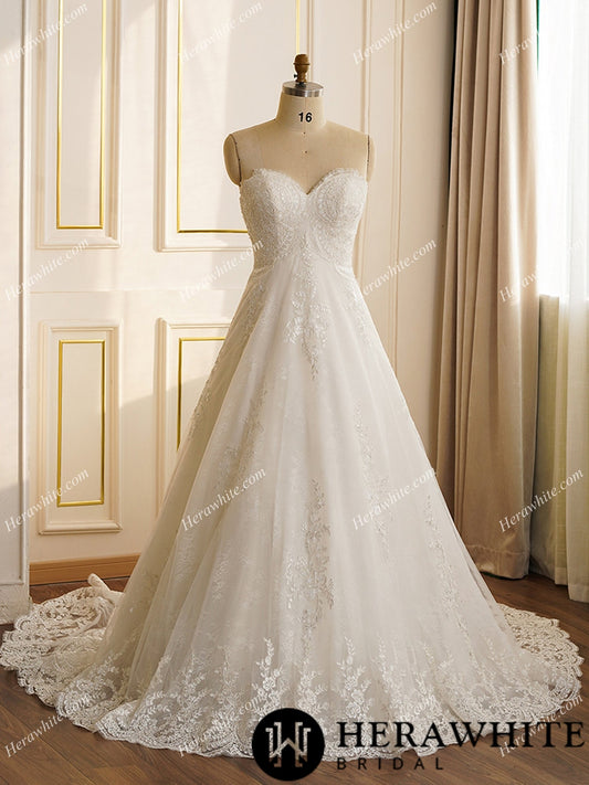 Strapless Whole Lace Count Train Wedding Dress