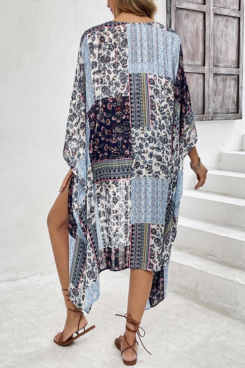 LDC Floral Print Short Wide Sleeve Open Front Loose Kimono