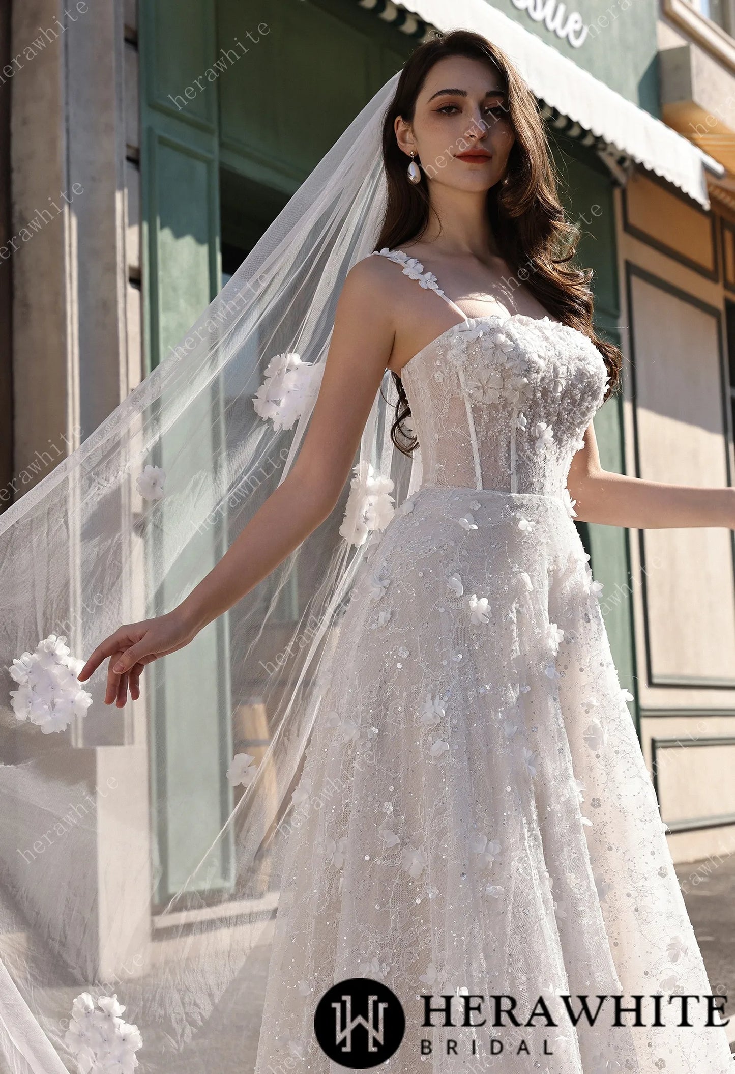3D Floral Sparkle Lace Wedding Dress With Straight Across Neckline HW3833
