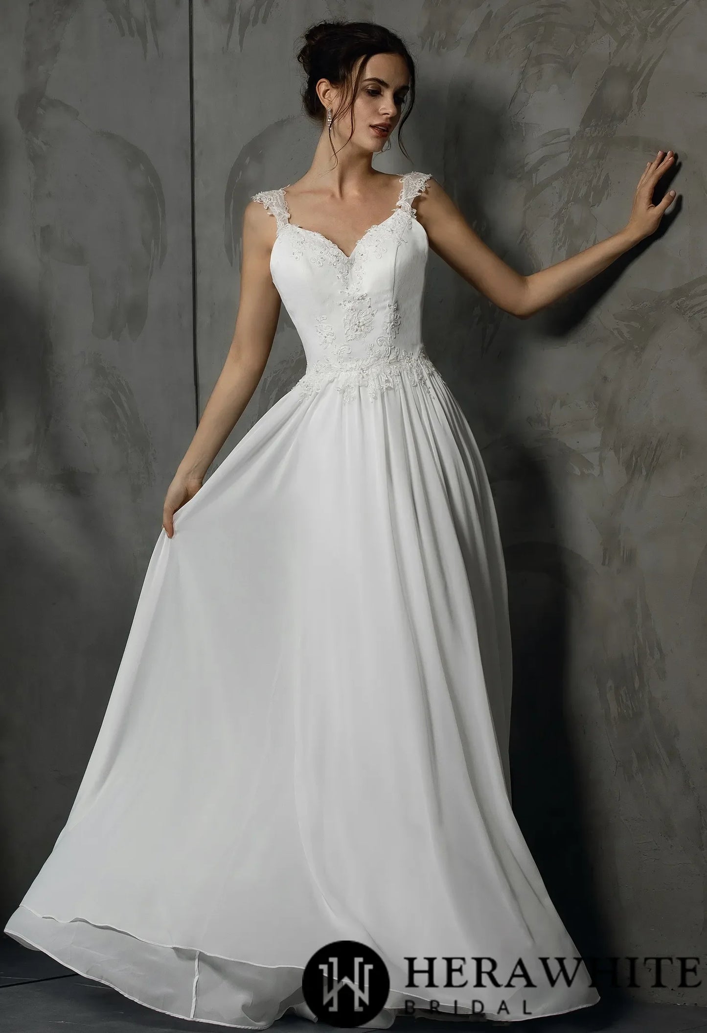 Stunning V Neckline Chiffon Wedding Dress With Beaded Appliques