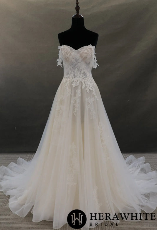Off-the-shoulder Lace And Tulle Bridal Gown With Sheer Bodice