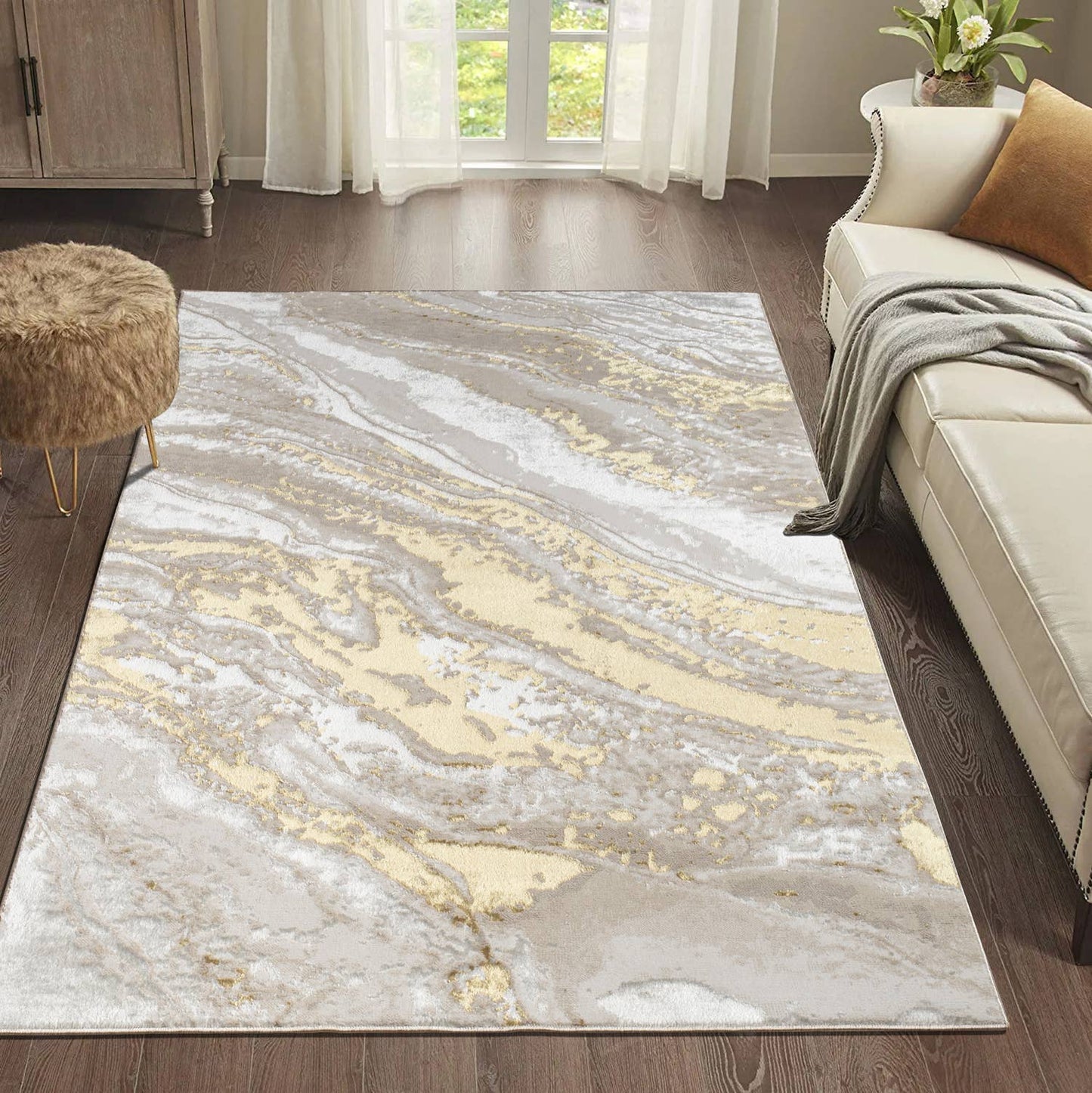 Adina Luxury Abstract Design Area Rug in Beige and Gold