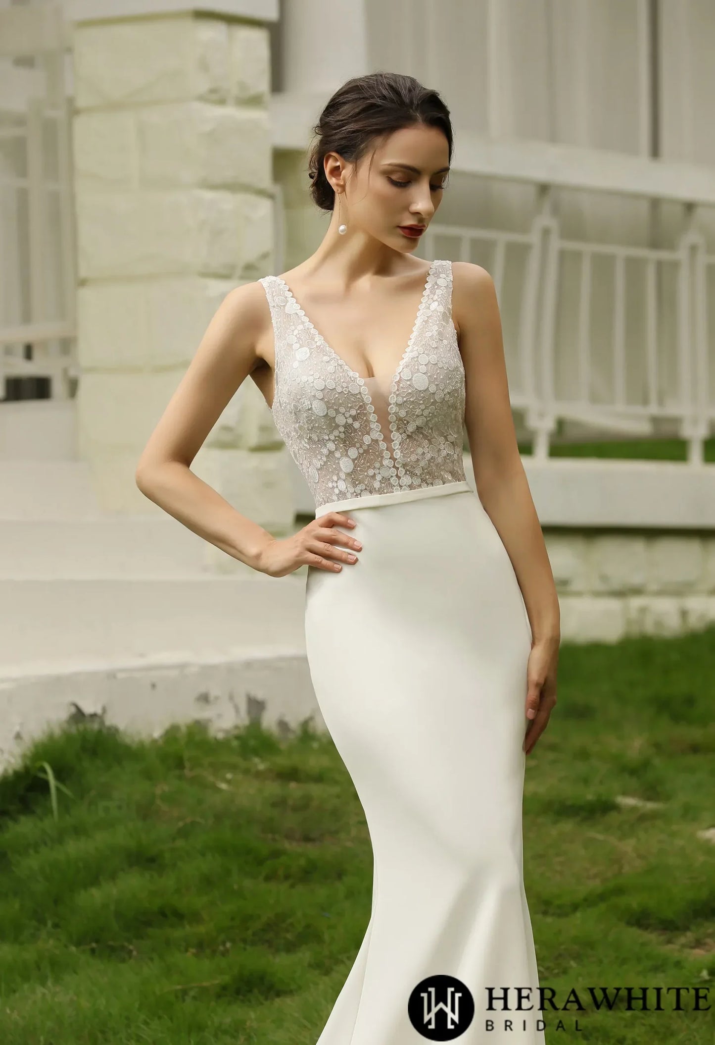 Semi Sheer Bodice Creap Weddding Dress