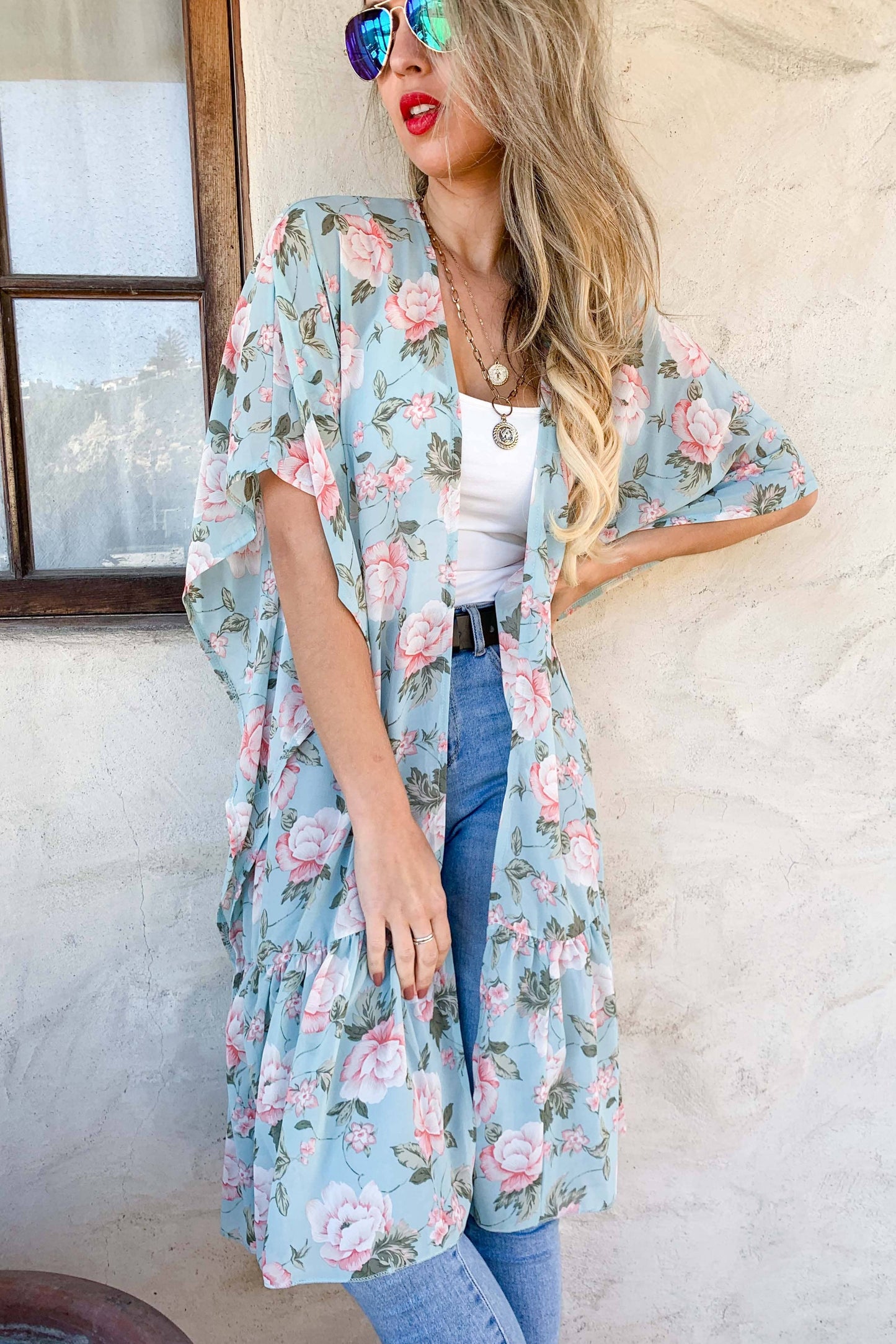 Mint Floral Printed Ruffle Bottom Chiffon Kimono Cover Up