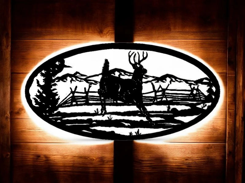 METAL Deer jumping w/ mountains and fence oval scene