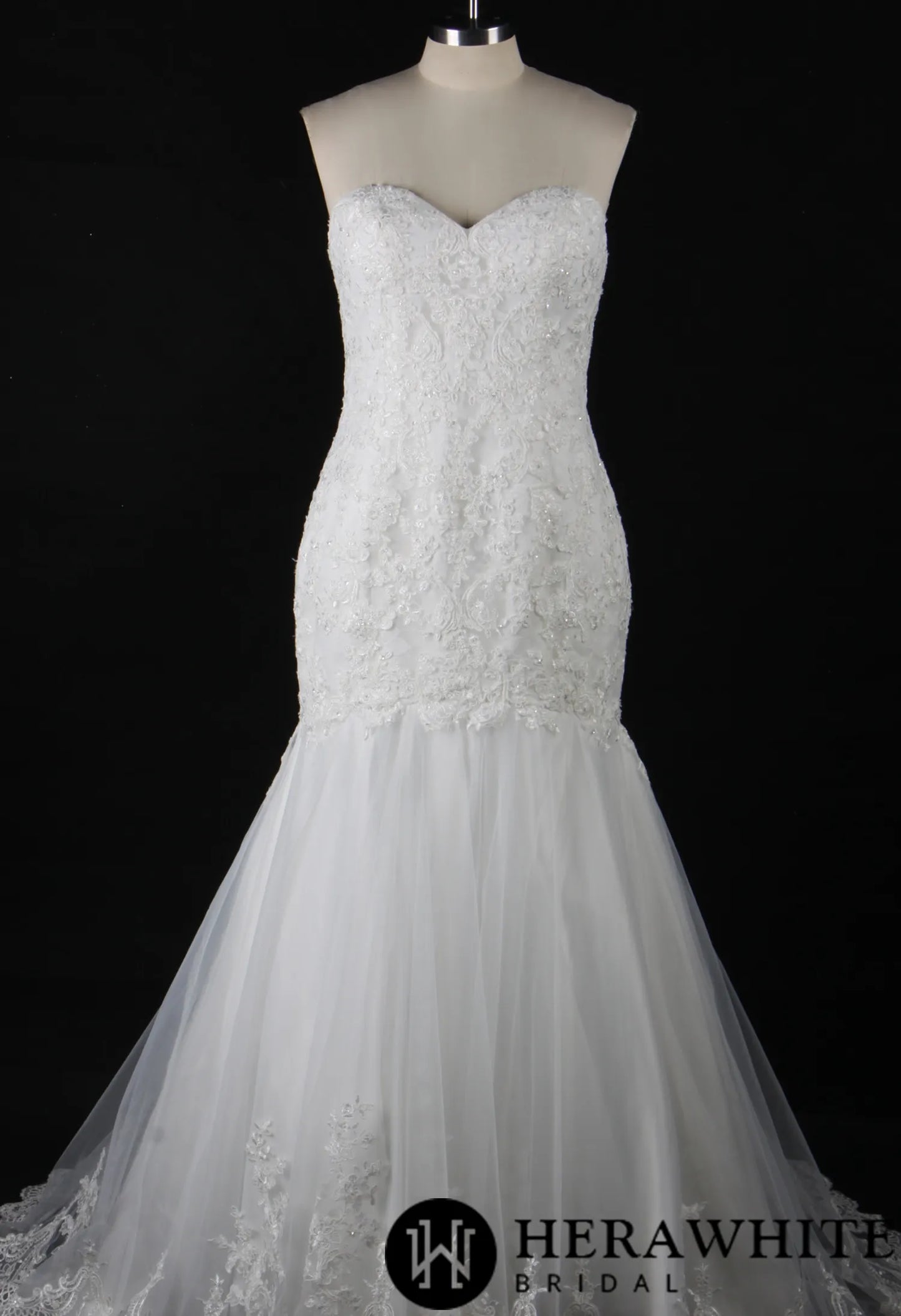 Strapless Embroidered Lace Fit and Flare Wedding Gown
