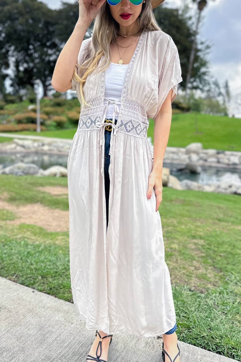 Ivory Lace Detail Maxi Dress Open Front Tie Kimono Cover Up