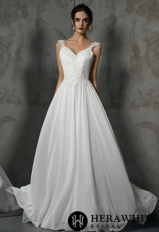 Stunning V Neckline Chiffon Wedding Dress With Beaded Appliques
