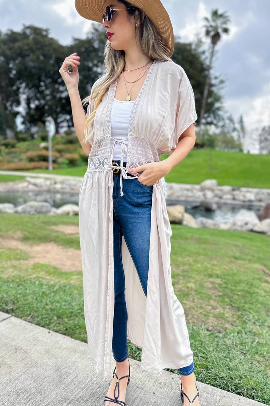Ivory Lace Detail Maxi Dress Open Front Tie Kimono Cover Up