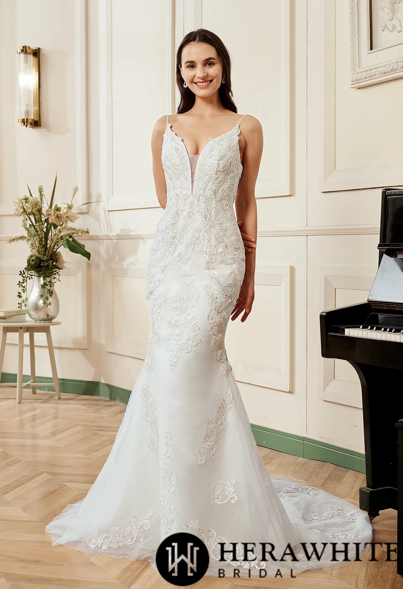 Plunging V-neck Silver Embroidered Lace Court Train Wedding Dress