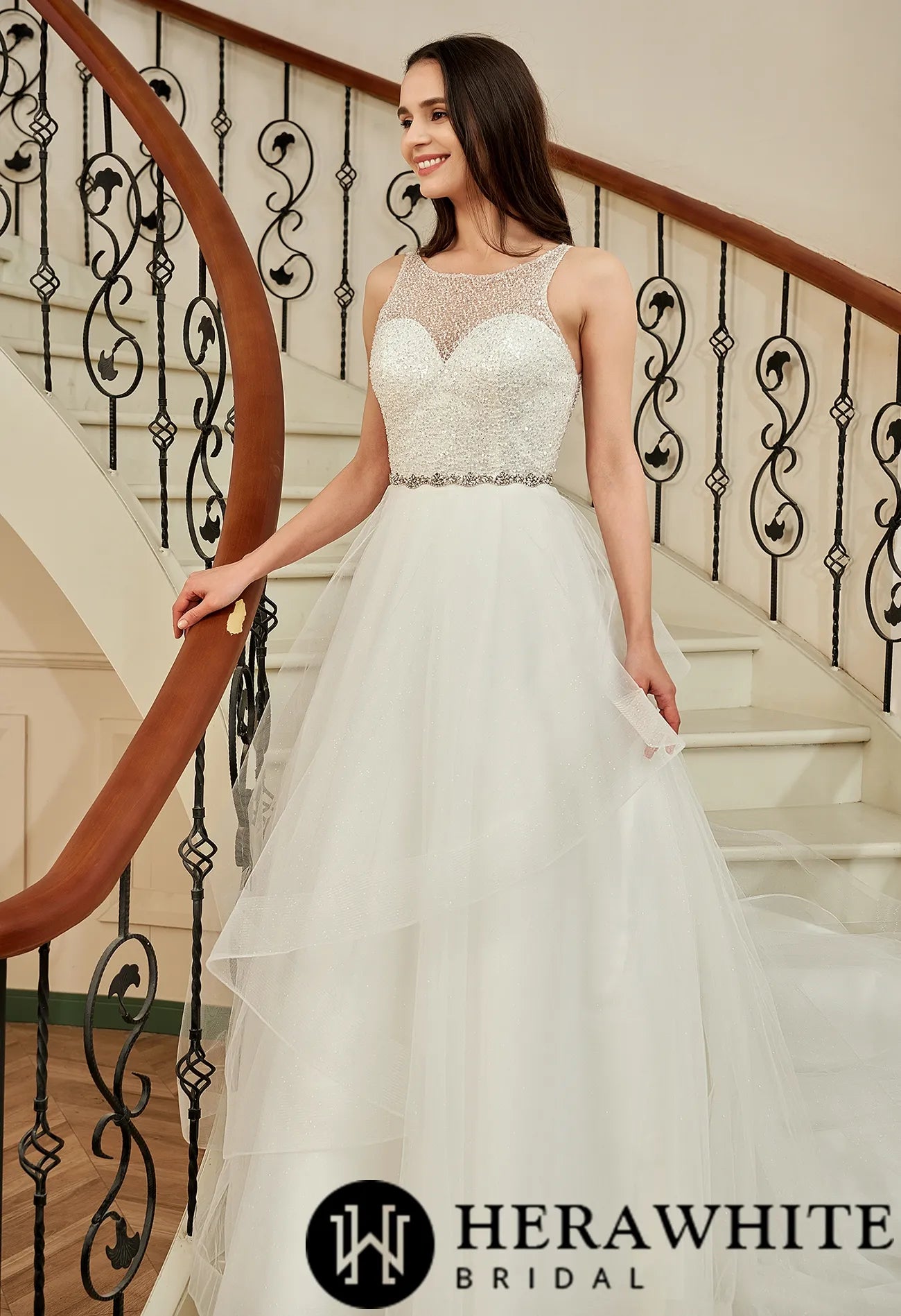 Shining Beaded Bodice Keyhole Back Ruffle Tulle Skirt Ball Gown