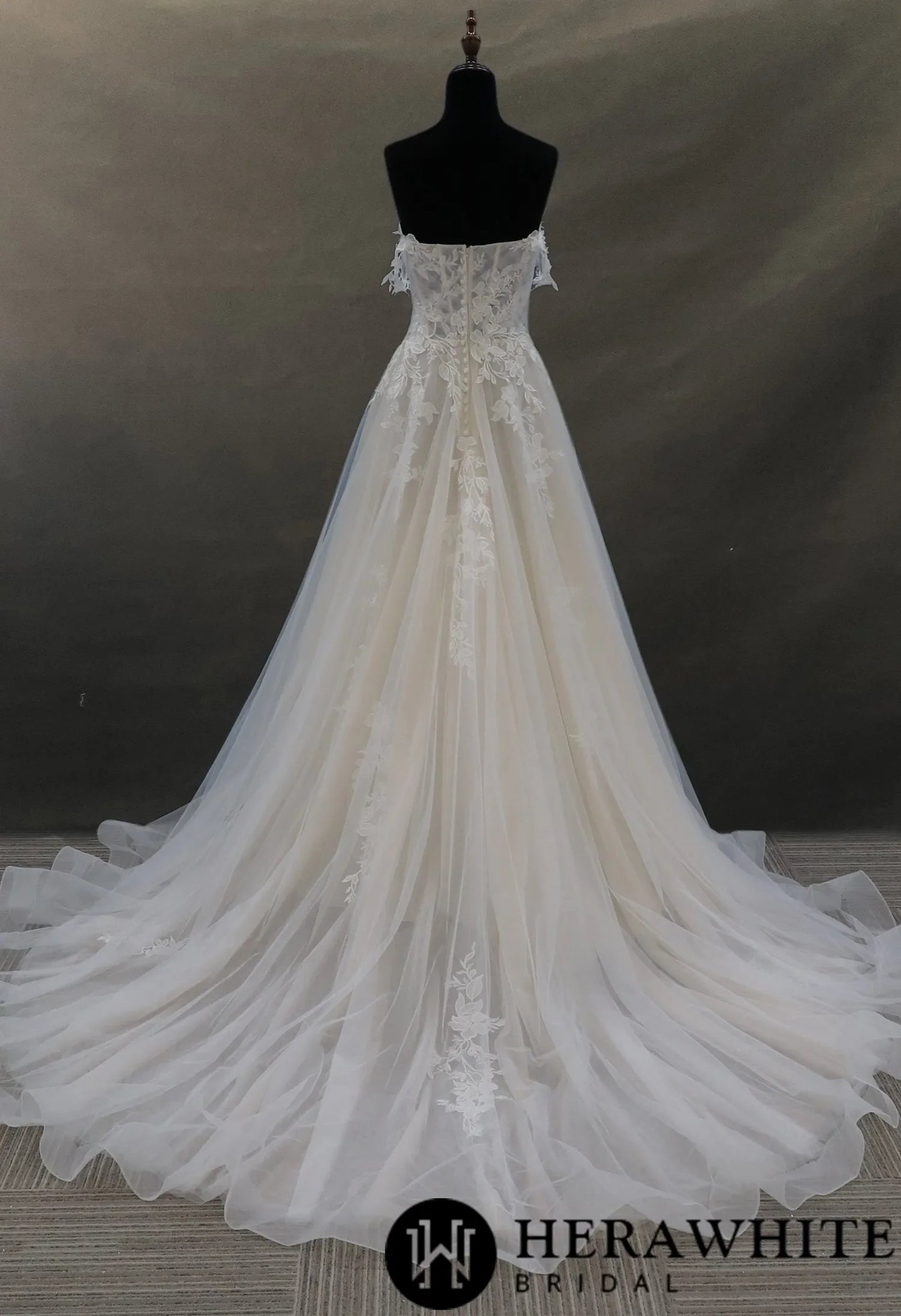 Off-the-shoulder Lace And Tulle Bridal Gown With Sheer Bodice