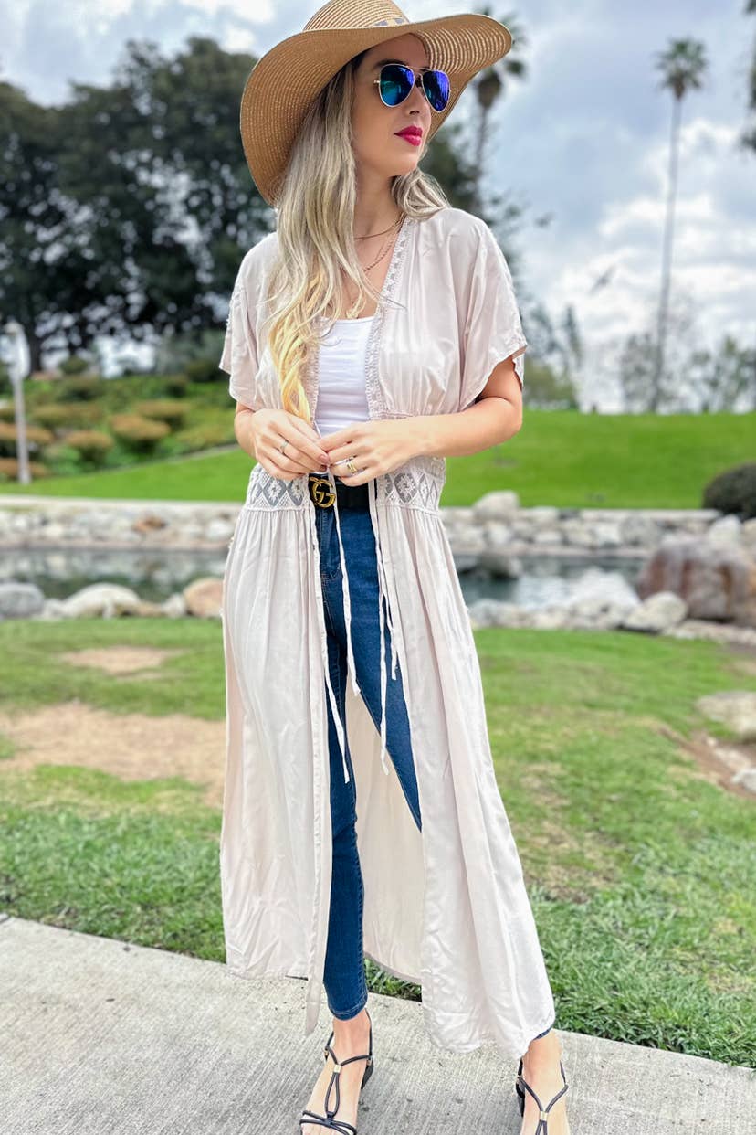Ivory Lace Detail Maxi Dress Open Front Tie Kimono Cover Up