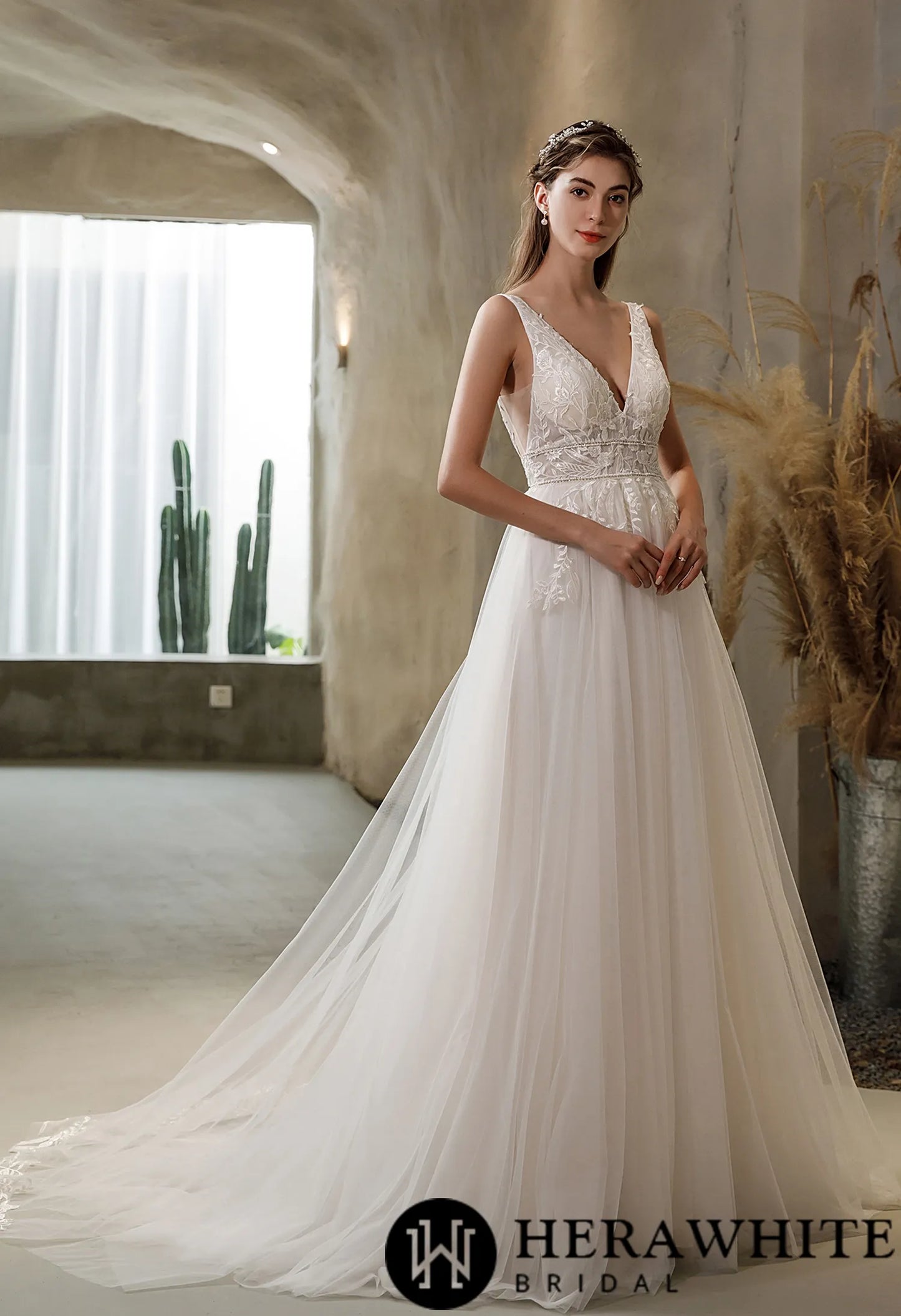 V-neck Tulle Bridal Gown with Double Banded Waist