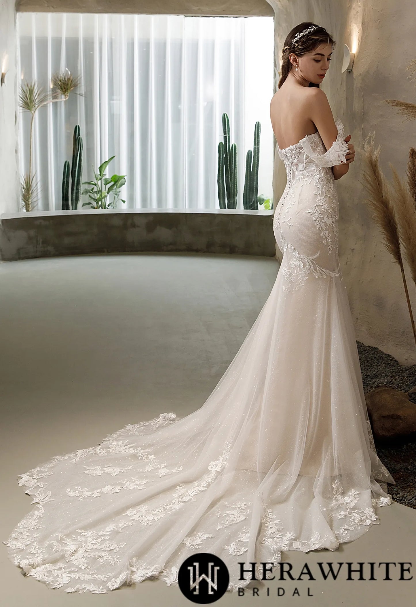 Off-the-shoulder Mermaid Wedding Dress in Glitter Tulle With Open Back