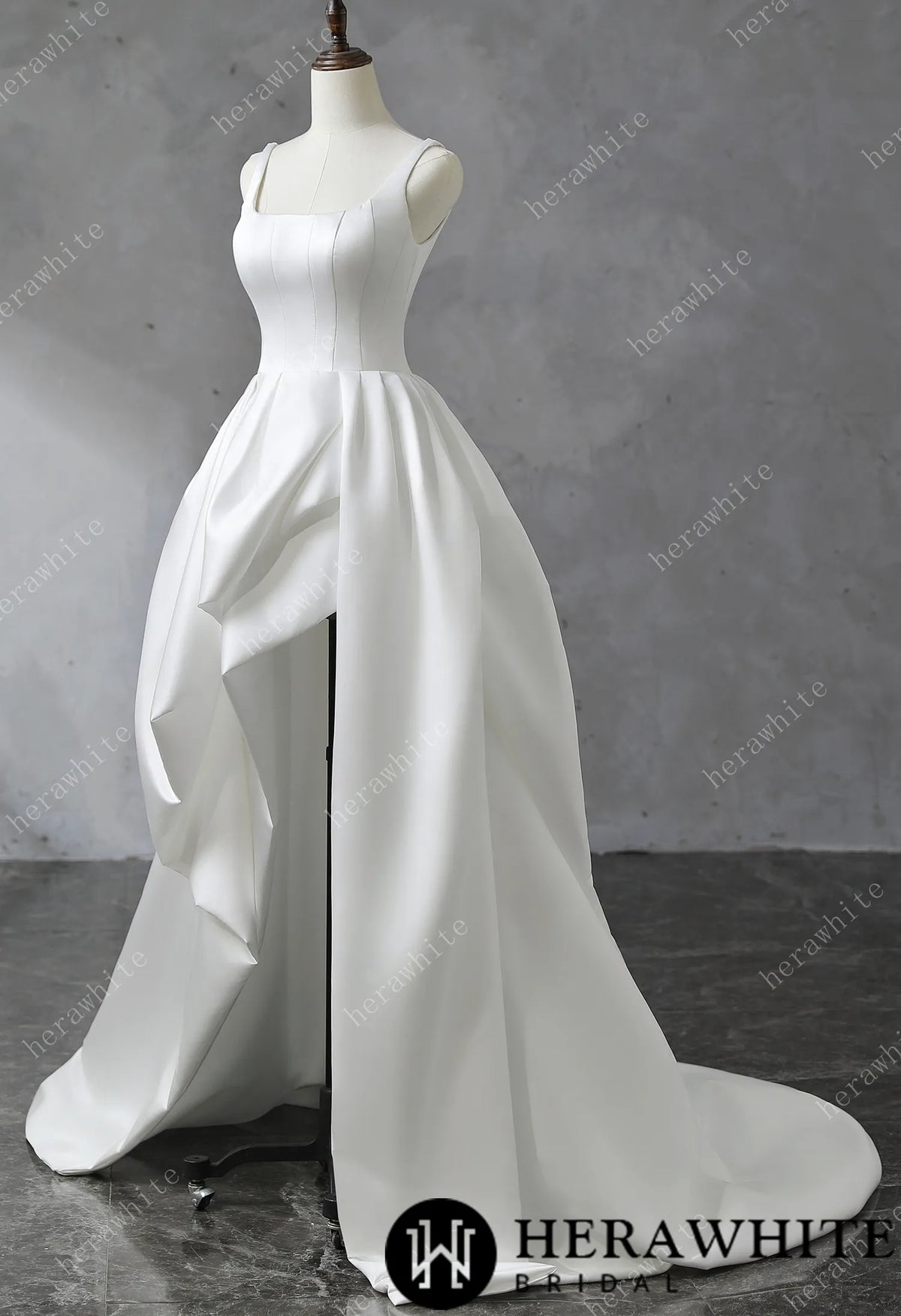 Square Neckline Satin Ball Gown With Asymmetric Draped Wedding Dress — HW3530 — image 6