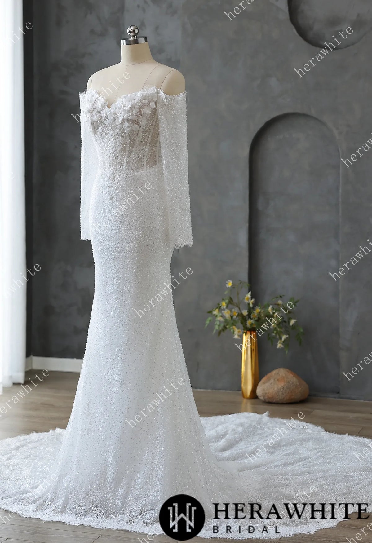 Pearl and Sequin Embellished Lace Fit and Flare Wedding Gown with 3D Floral — HW3611 — image 7