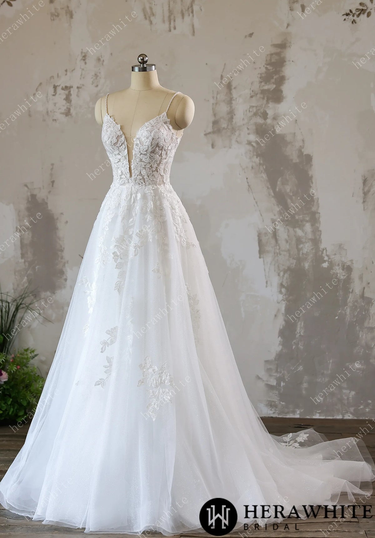 Lace A-line Bridal Gown with Sparkling Tulle and Crystal Beaded Straps — HW3618 — image 4