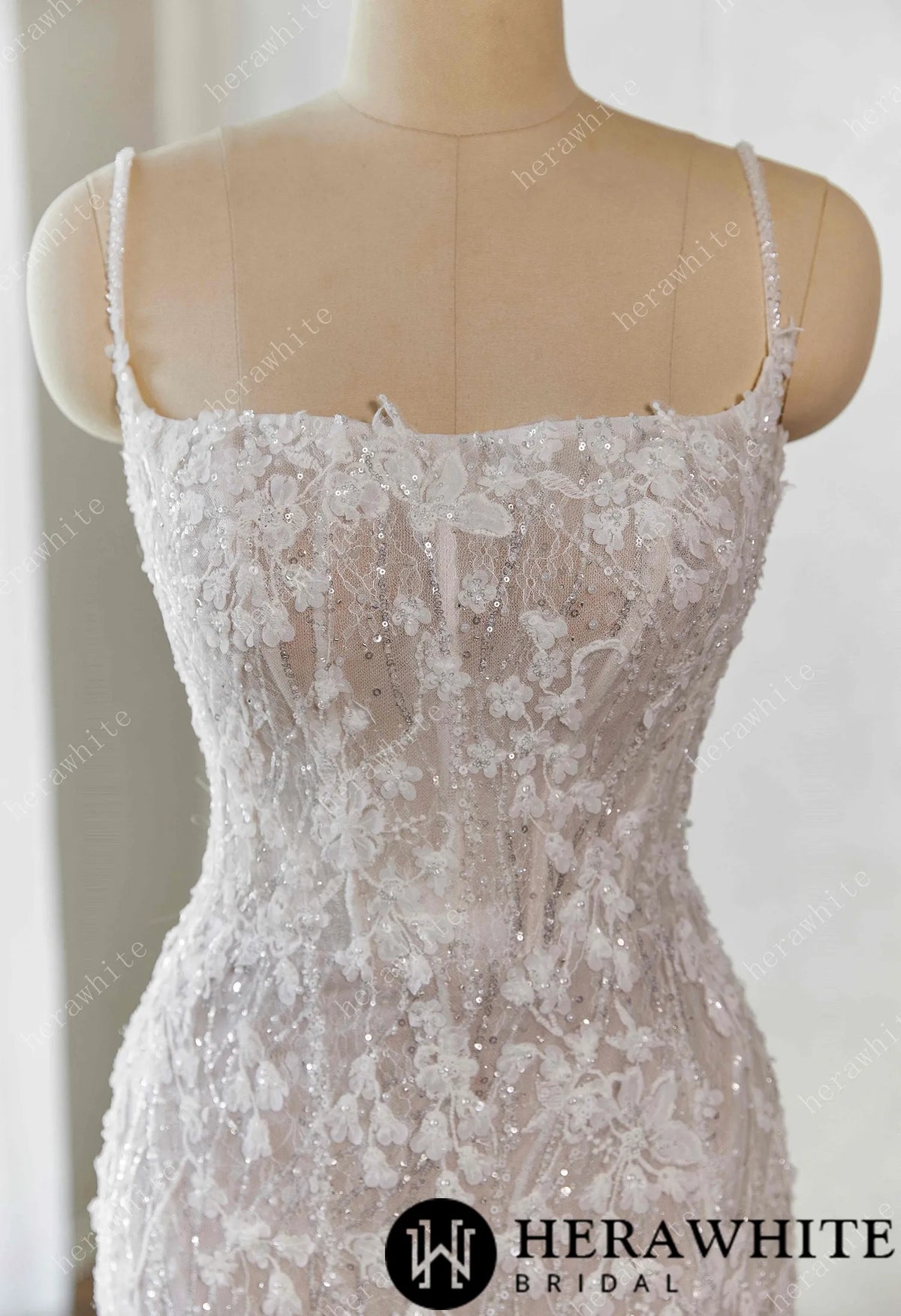 Lace-Embellished Scoop Neckline and Spaghetti Straps Fit and Flare Wedding Dress — HW3659 — image 6