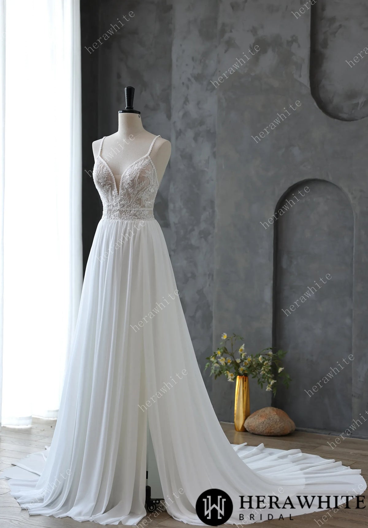 Spaghetti Strap Illusion Neckline with Flowing Chiffon Wedding Dress — HW3669 — image 6