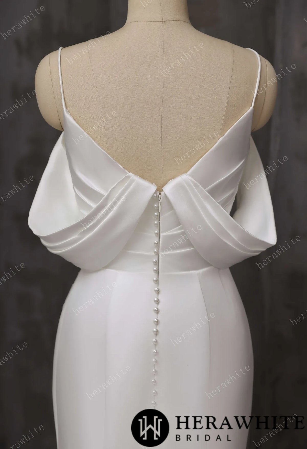 Draped Satin Fit-and-Flare Wedding Gown With Detachable Off-Shoulder Cape Sleeves & Beaded Neckline — HW3695 — image 6