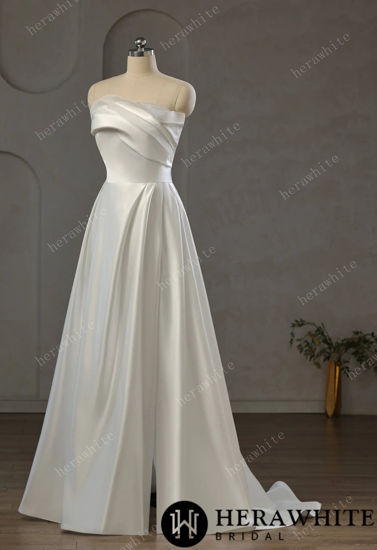 Strapless Draped Satin A-line Wedding Gown With Front Slit — HW3744 — image 7