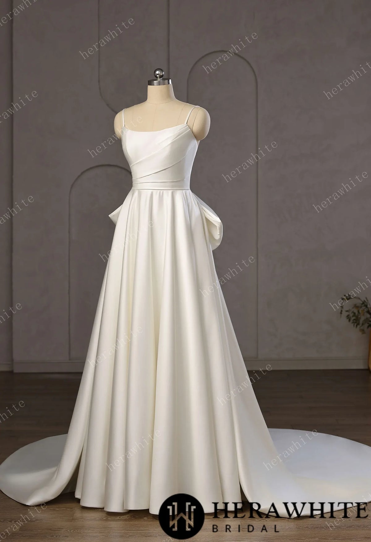 Minimalist Satin A-Line Wedding Gown With Oversized Back Bow & Spaghetti Straps — HW3761 — image 8
