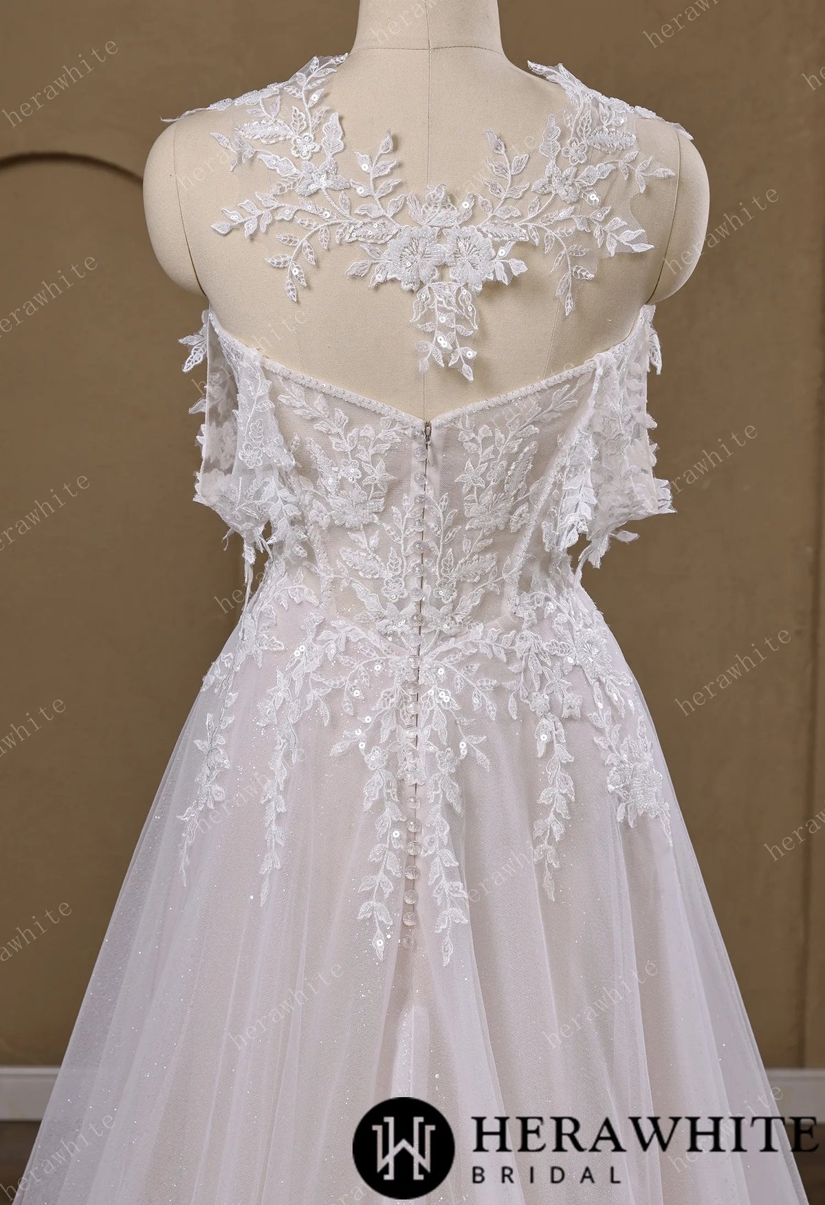 Lace A-Line Wedding Gown With Detachable Off-Shoulder Sleeves & Glitter Tulle Skirt — HW3772 — image 6