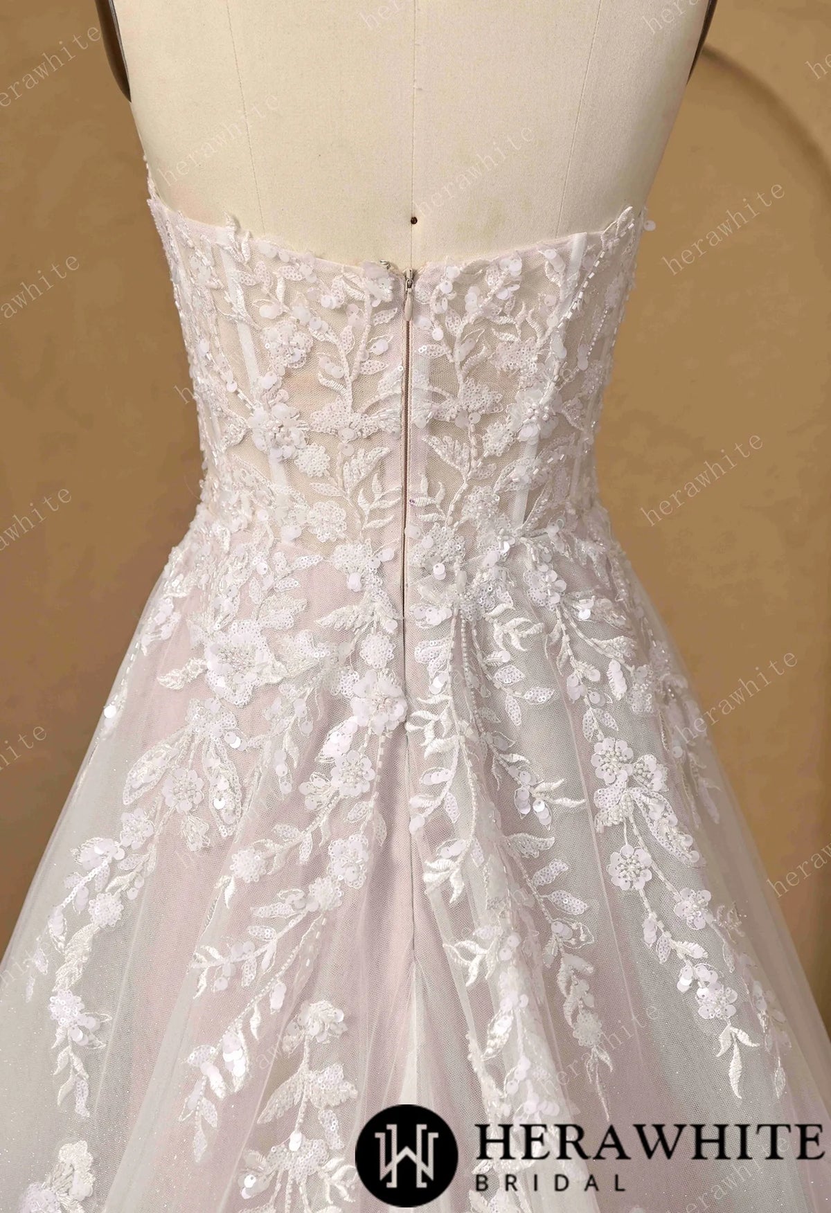 Floral Lace A-line Wedding Gown With Illusion Plunge Bodice & Strapless V-neck — HW3773 — image 6