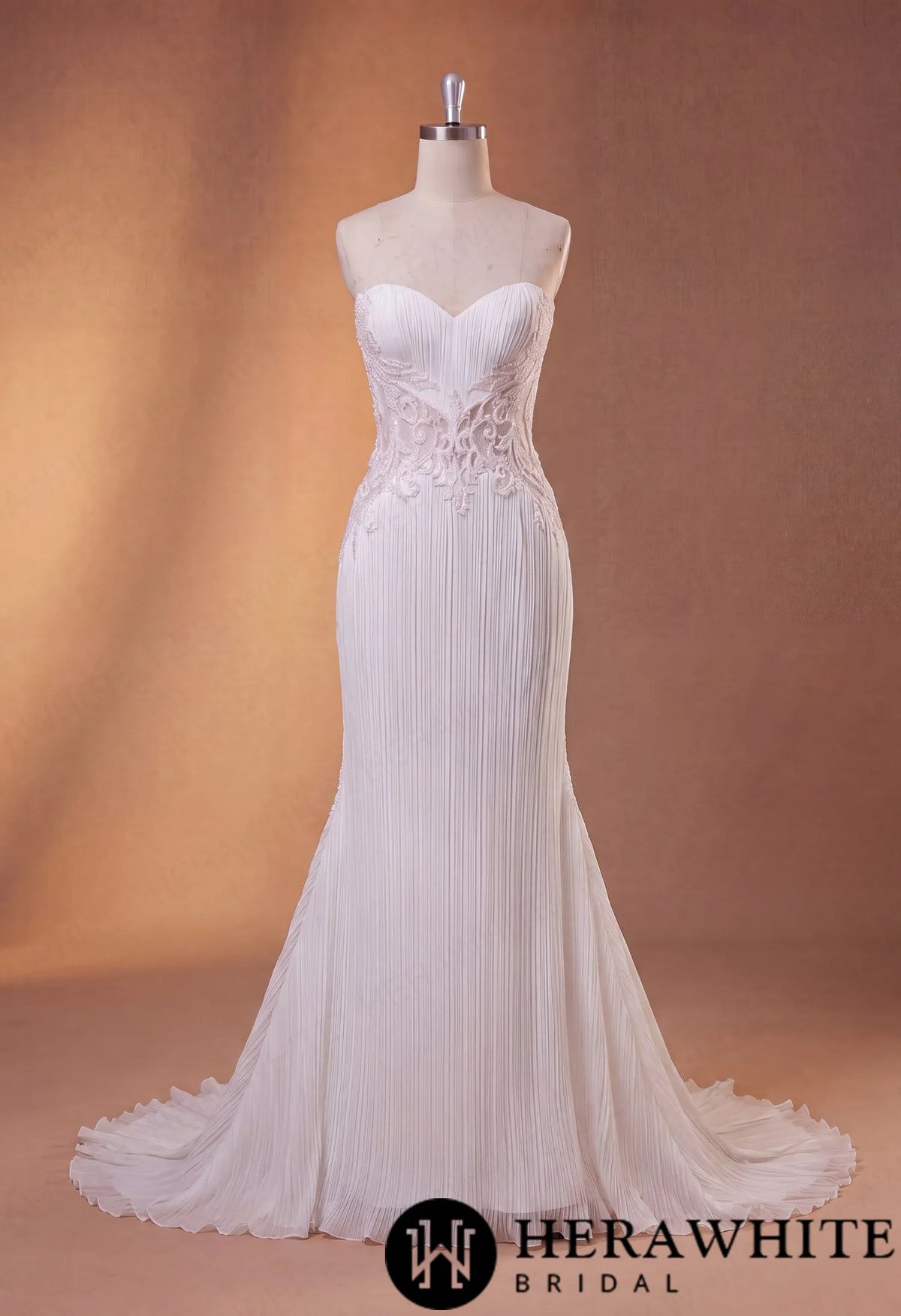Strapless Mermaid Wedding Gown - Crushed Chiffon Lace — HW4098 — image 5